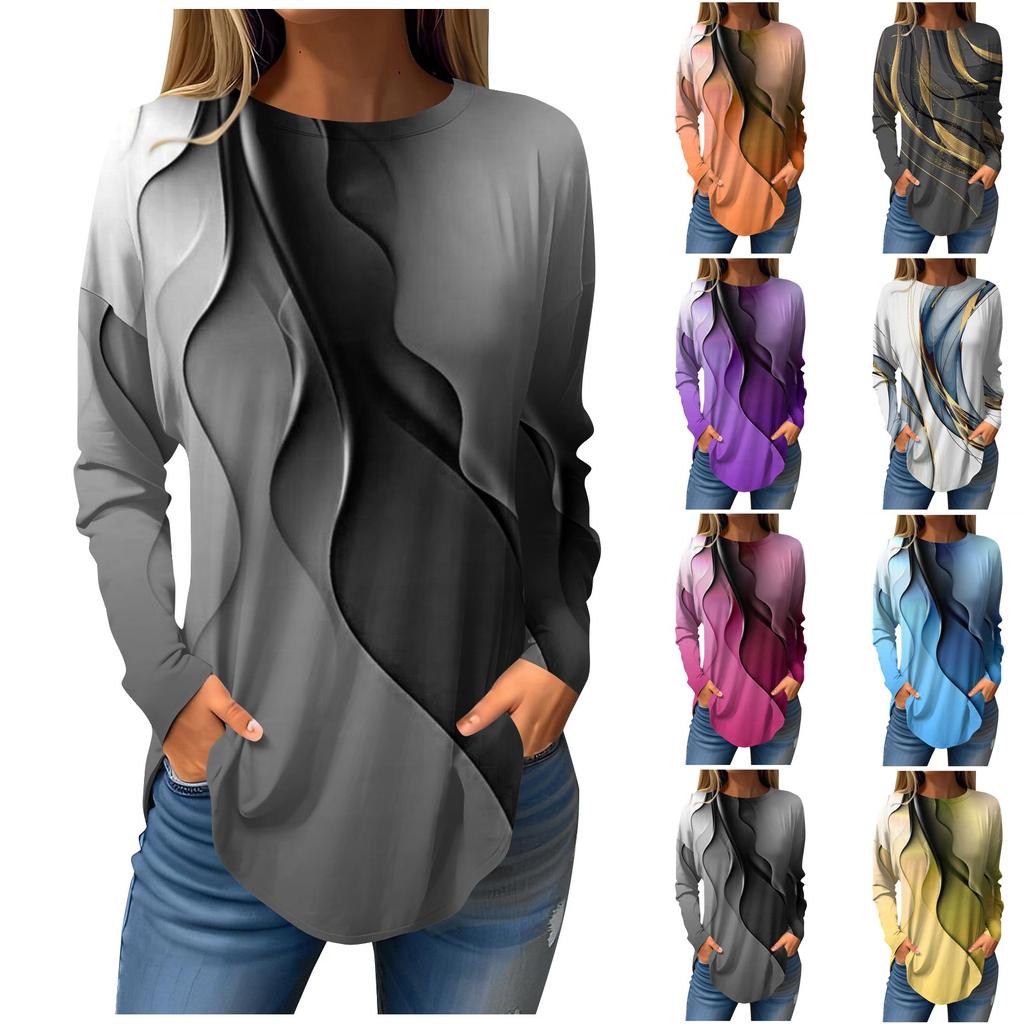 Женская свободная футболка с длинным рукавом с круглым вырезом и принтом, верхний пуловер