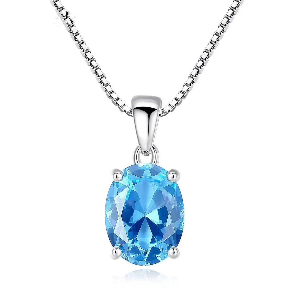 Fashion Jewelry Rhodium Plated Garnet Blue Zircon Opaz Oval Cut 925 Sterling Silver Pendant Necklace Wedding Birthday Gift Women