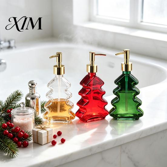Christmas Tree Soap Dispenser 300ml Dispenser, Glass Hand Dish with Pump, Table Centerpiece Xmas Decorative Empty Bottle for Soap, Kitchen,