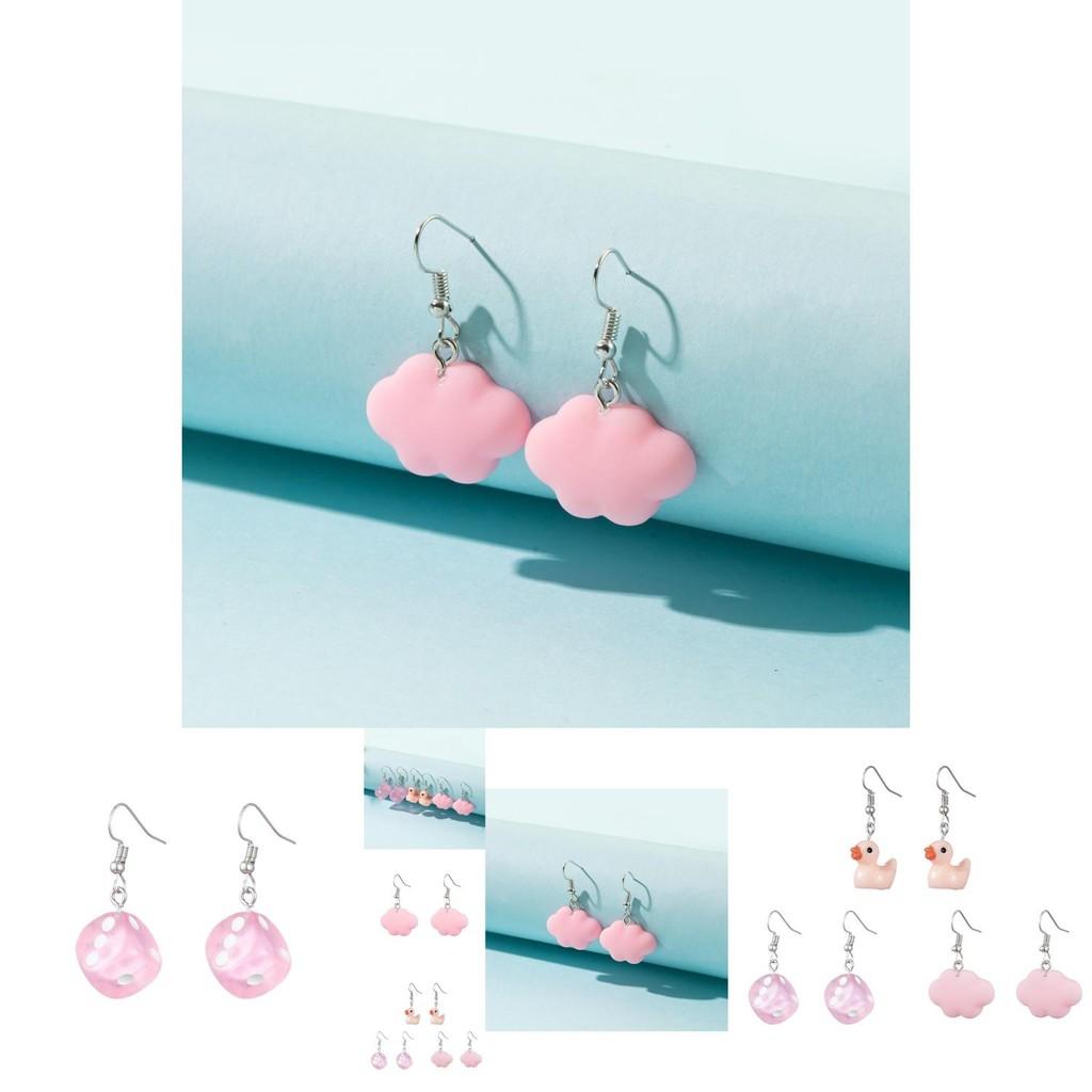 Stylish Pink Resin Earrings Set With White Cloud Duck And Dice Design For Women