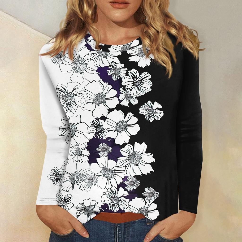 Женский модный повседневный пуловер с круглым вырезом и длинным рукавом с цветочным принтом