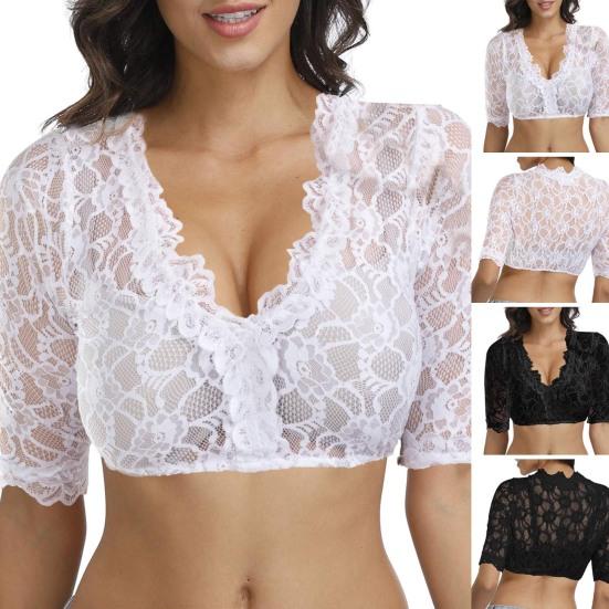 Кружевные рубашки-топы с V-образным вырезом и половиной рукавов Slim Fit Однотонные короткие рубашки Укороченные топы снизу