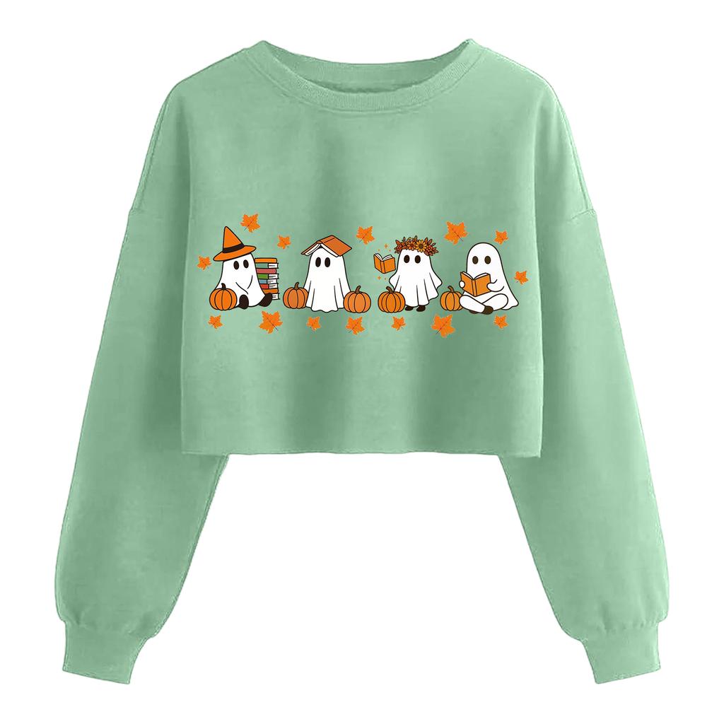Женский модный пуловер с длинным рукавом и принтом на Хэллоуин, открывающий живот