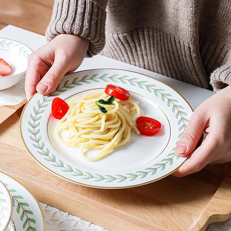 8-дюймовая керамическая тарелка круглая обеденная тарелка тарелка для торта десерта еды золотой ободок узор из листьев сервировочные блюда фарфор кухонная посуда