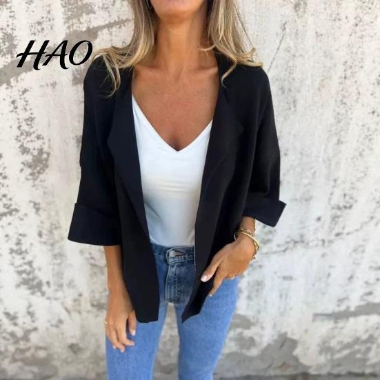 Loose Fit Women Blazer Lapel Collar Blazer, 3/4 Sleeve Open Front Business Casual Three Quarter Blazers Suit Jacket, Office Work Short for Spring Fall