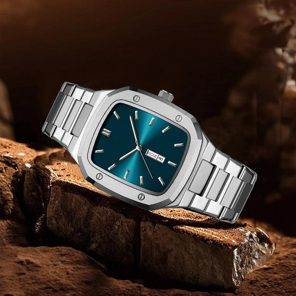 Men Square Stainless Steel Strap Watch Quartz Week Calendar Simulated Business Sports Wristwatch