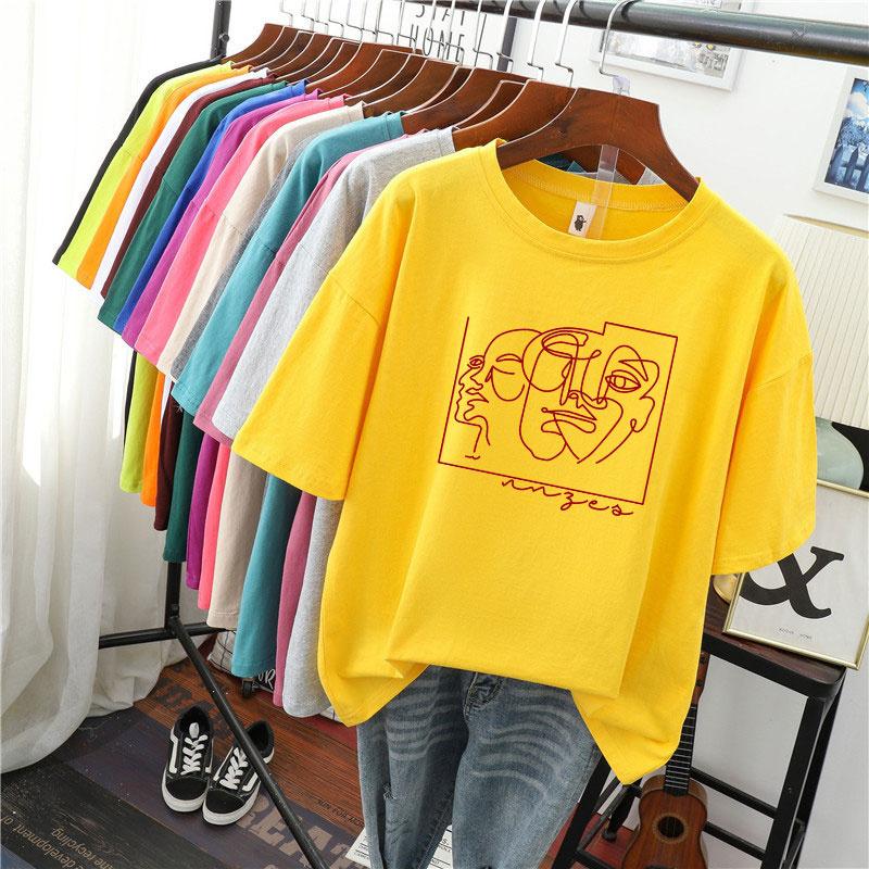 Hirsionsan Fashion Abstract Line Printed T Shirt Women Funny Graphic Soft Loose Female Tees Cotton Summer Casual Tops Khaki Tshirts 2021