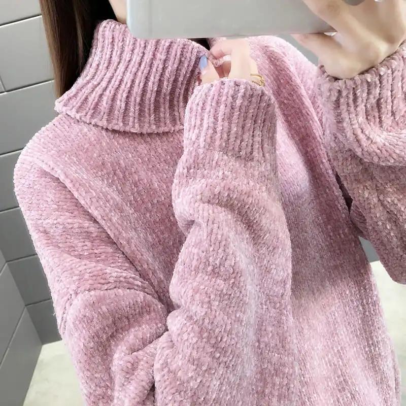 Autumn Winter Chenille Turtleneck Sweater Women's Loose Elastic Thick Knitted Sweaters Solid Female Warm Base Shirt