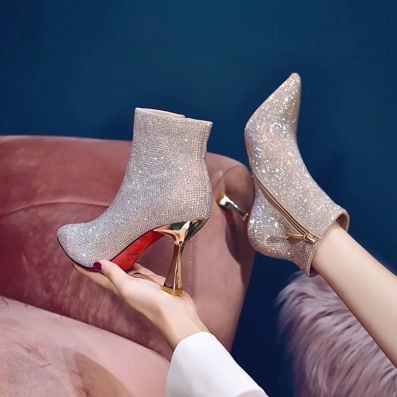 Fashion Booties Heeled Very High Heels Female Short Shoes Sexy Combat Pointed Toe Punk Style Rhinestone Women's Ankle Boots Boot New In