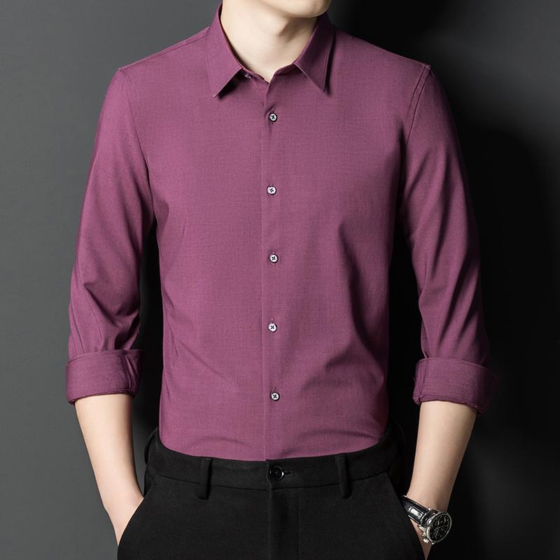 Однотонная мужская формальная рубашка из бамбукового волокна с длинным рукавом, удобная деловая посадка обычного кроя с передним карманом