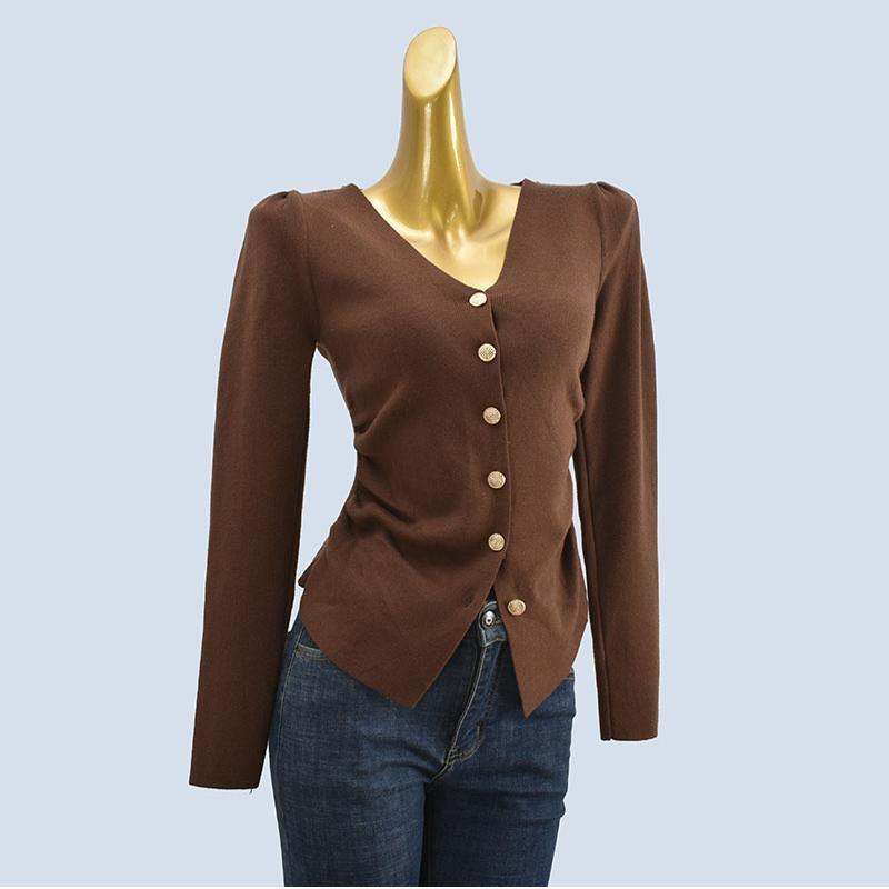 Cardigan V Neck Ruched Single-Breasted Long Sleeve Silm Pure Color Knitting Sweater Plaid Stretch Female Fashion Stylish