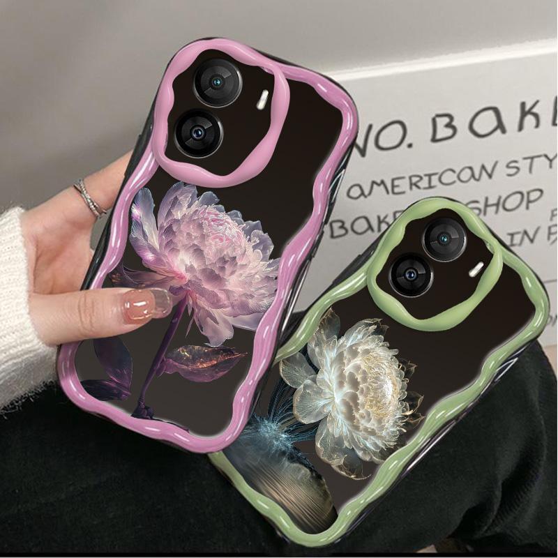 Силиконовый мягкий волнистый чехол с глянцевой цветочной оболочкой для мобильного телефона, черная задняя крышка для iPhone Samsung Xiaomi Redmi Poco