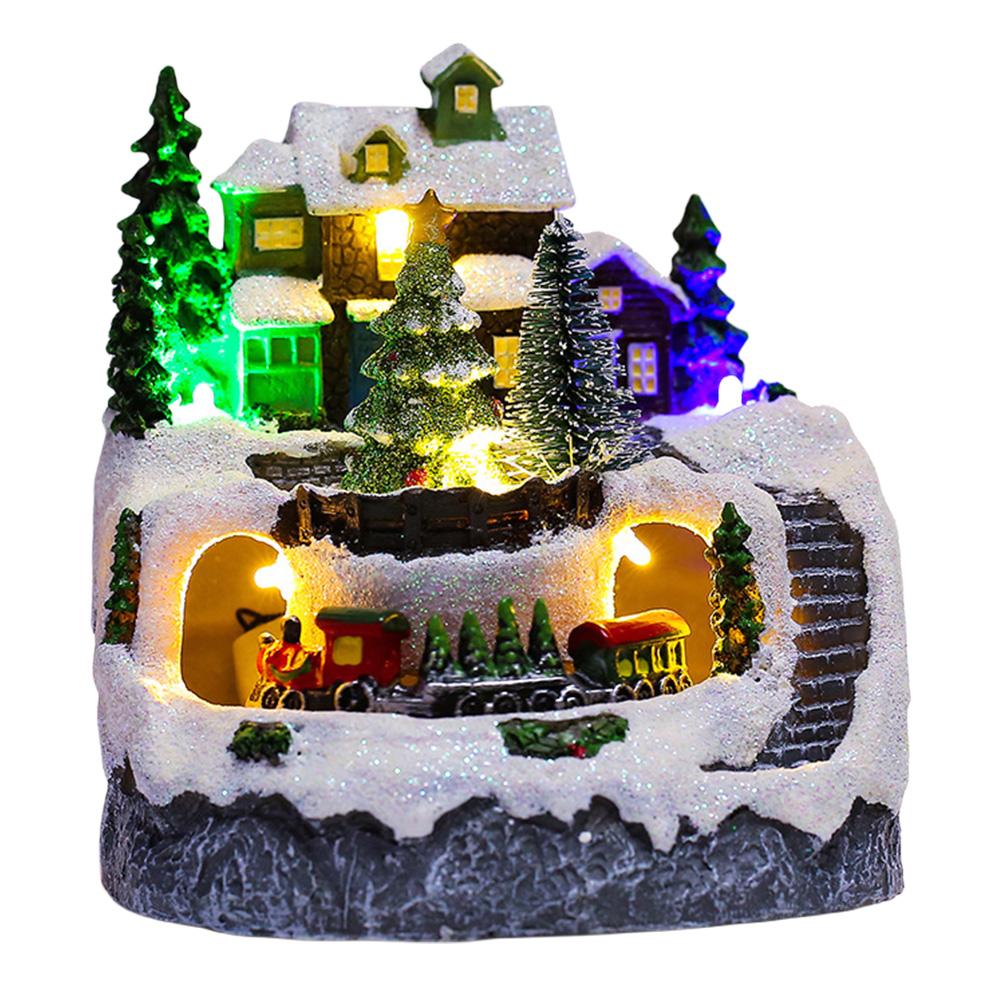 Рождественская деревня из смолы со светодиодными огнями и вращающимся музыкальным поездом, светящийся музыкальный домик, рождественский светящийся орнамент из смолы