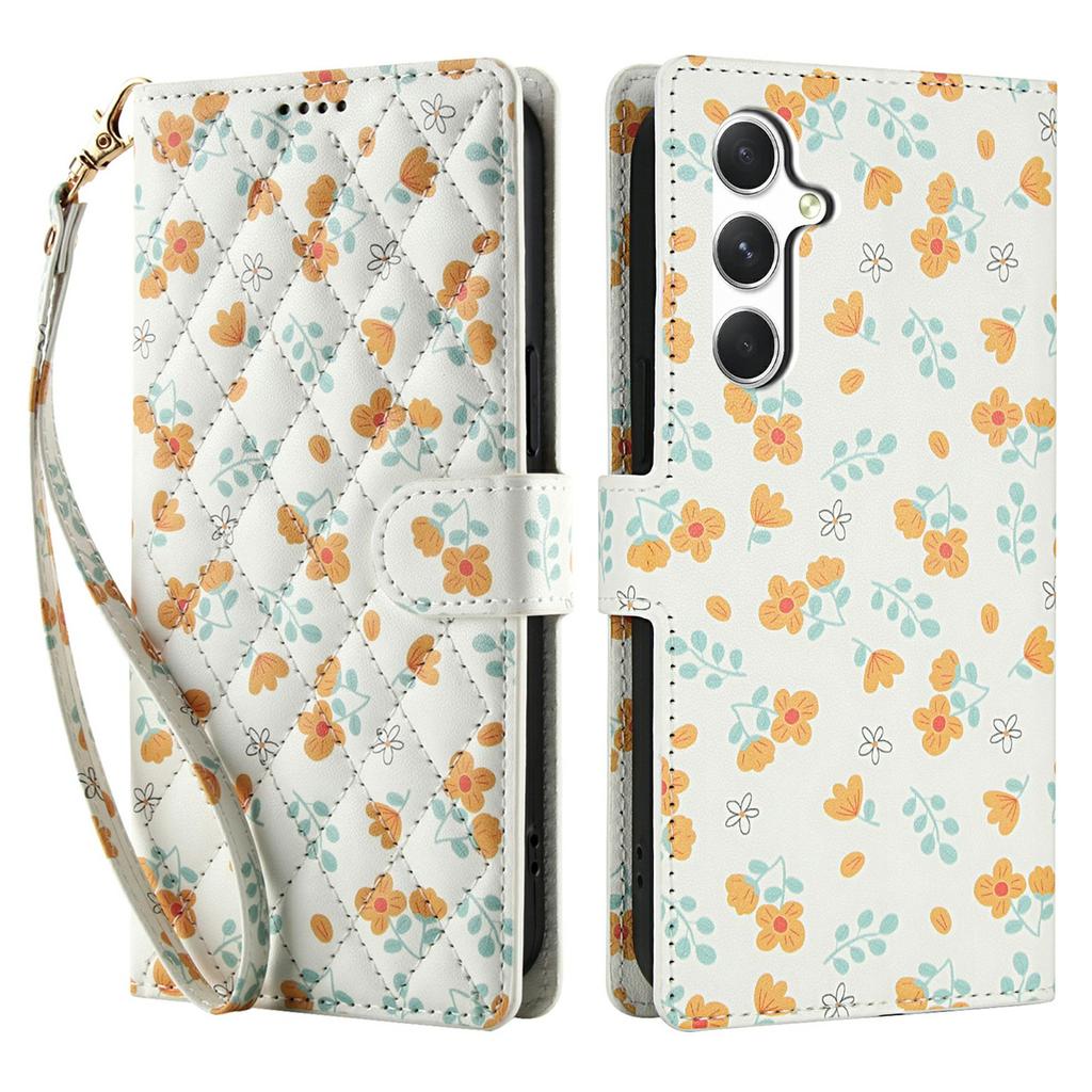For Samsung Galaxy A55 5G Wallet Case Rhombic Floral Design Leather Flip Phone Cover with Strap