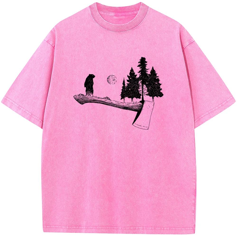 Little Bear Ax Protects The Forest Cotton O-Neck Washed T-Shirt Novelty Casual Loose Bleach T Shirt Summer Bleached Tshirt