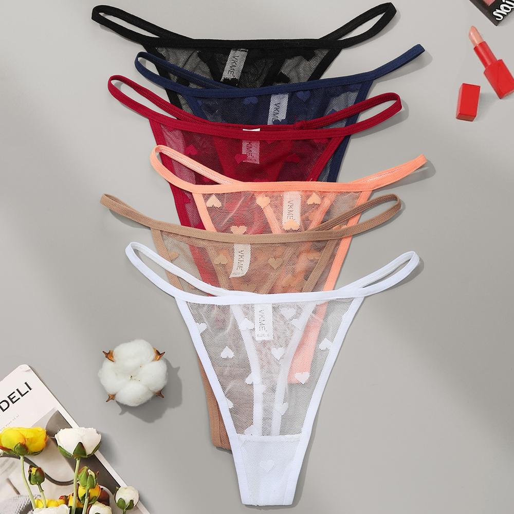 3 шт. Кружевные прозрачные трусики-стринги Женские сексуальные с низкой посадкой Бесшовное нижнее белье Сердце Прозрачные сетчатые трусики Интимное белье