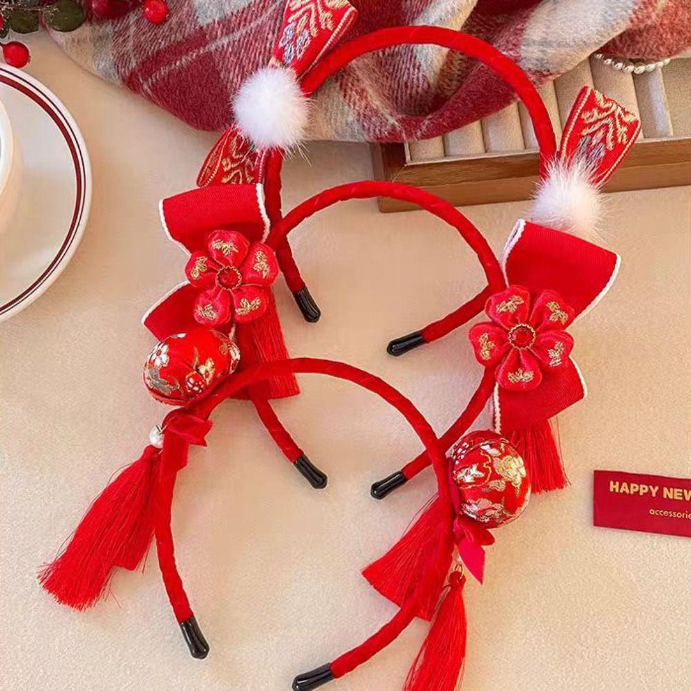 Plush Ball Chinese New Year Headwear Tassel Red Hairband Sweet Hanfu Hair Bun Hair Hoop Baby