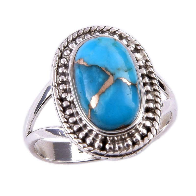 Кольцо из стерлингового серебра 925 пробы с натуральным синим медным бирюзовым камнем S.7 D4c93