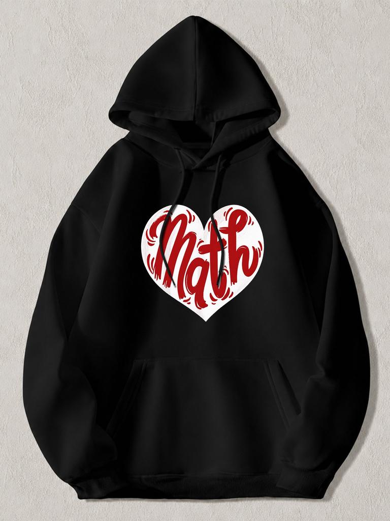 Black Pullover Hoodie with White Heart Graphic And Red Math Text Casual Long Sleeve Sweatshirt with Kangaroo Pocket for Daily Wear