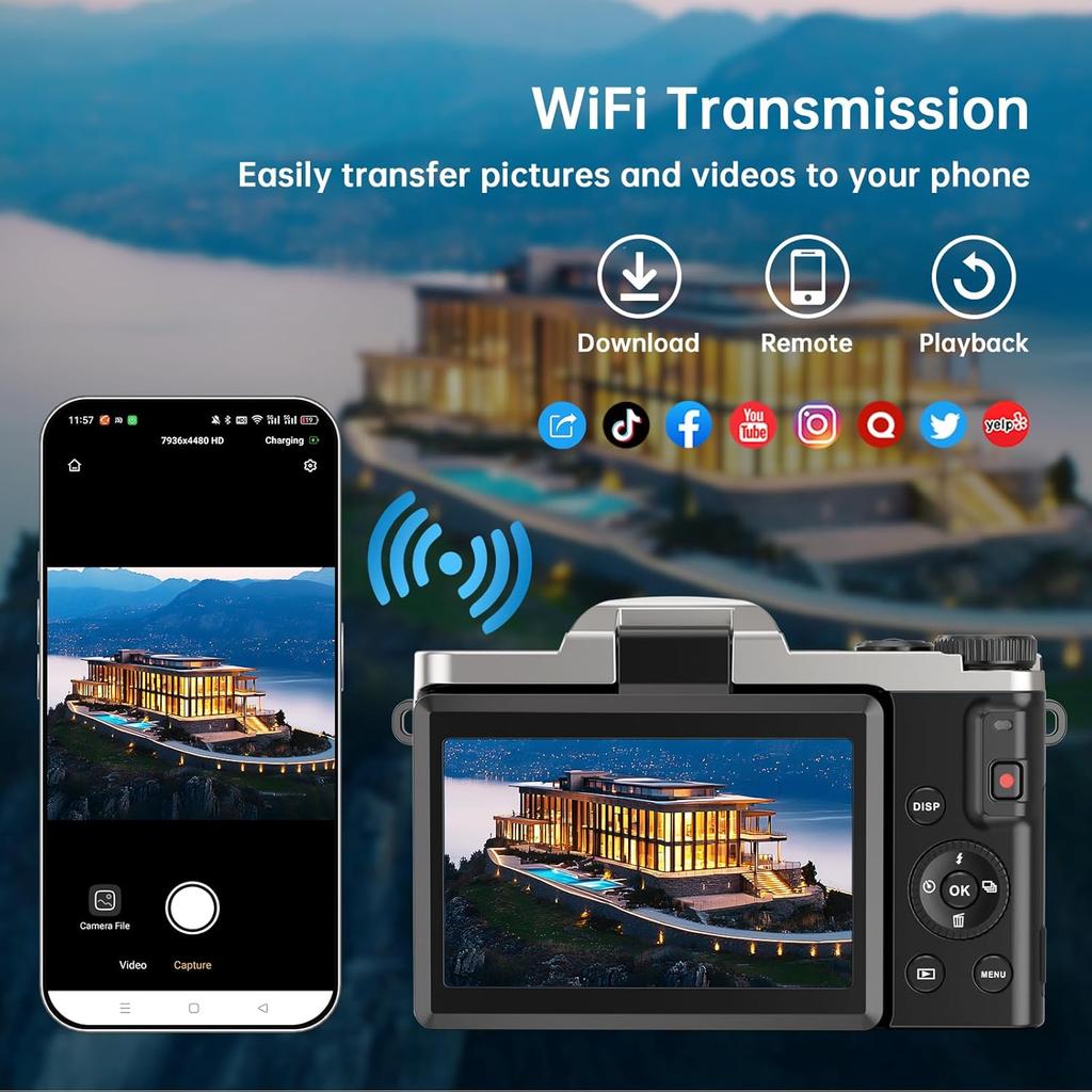 4K Digital Camera for Photography with WiFi, 2025 Latest Auto-Focus Vlogging Camera for YouTube Video 3'' 180° Flip Screen Travel Cameras 16X Zoom