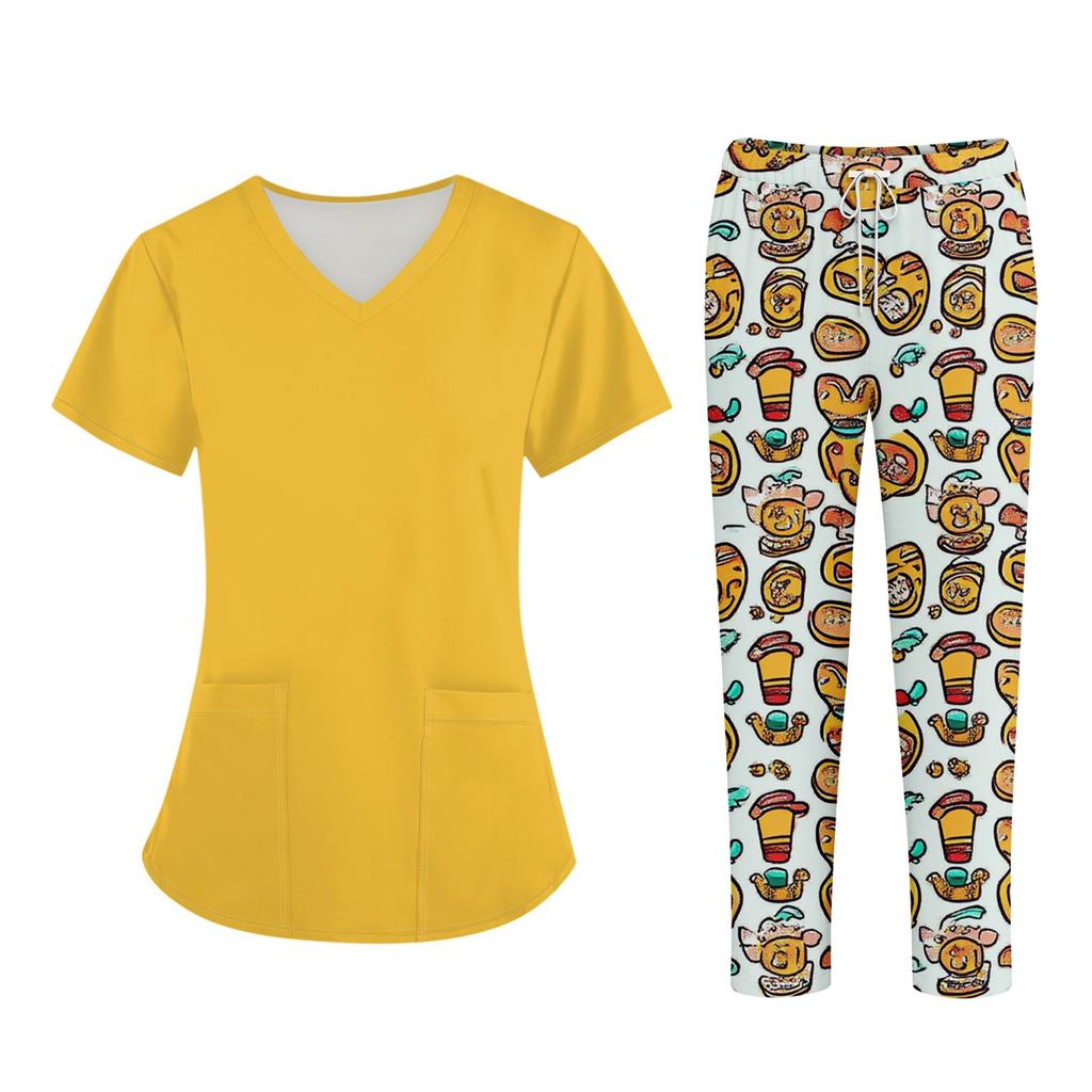 Плюс размерСкраб с принтом Рабочая форма Топы для женщин Крест V-образным вырезом Хэллоуин Принт с короткими рукавами Забавные футболки Спецодежда Футболка с карманами