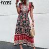 Women's Vintage Bohemia Fashion Summer Floral Print Short Sleeve V-Neck Casual Dresses