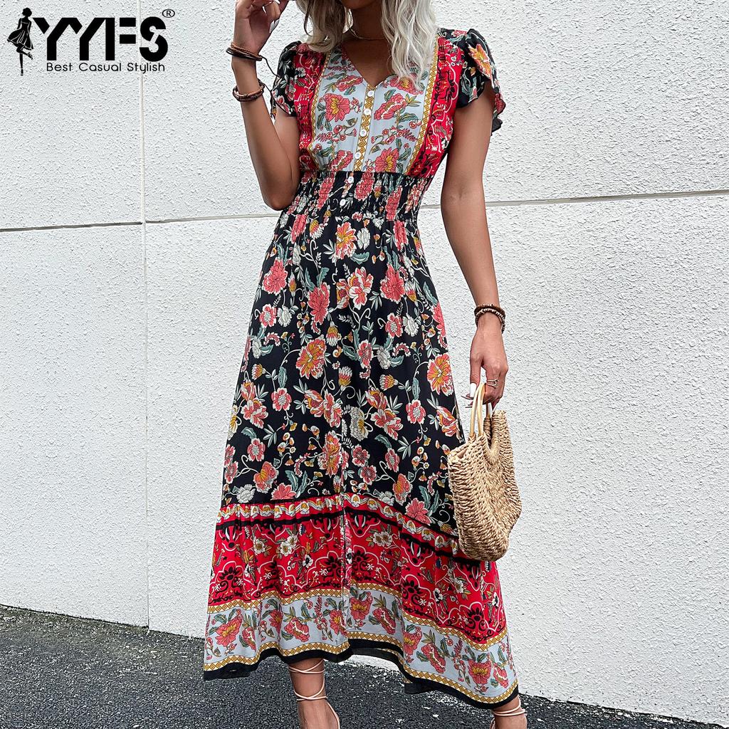YYFS Women's Vintage Bohemia Fashion Summer Floral Print Short Sleeve V-Neck Casual Dresses