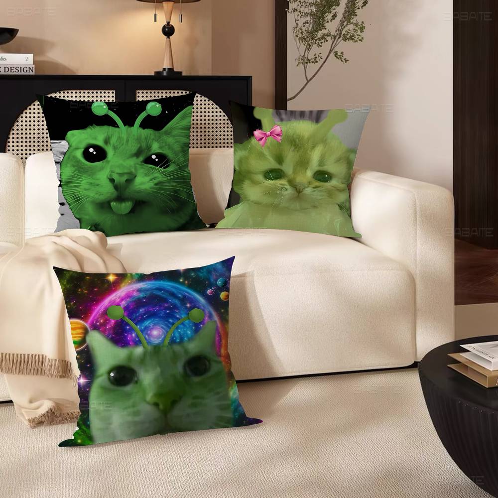Cute Green Alien Cat Cushion Cover Pillow Cover Decor Pillowcase Printed Cushion Case for Couch
