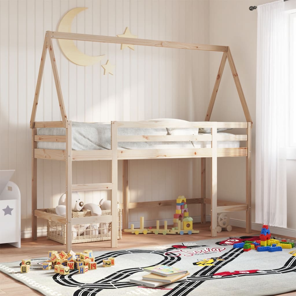 High Bed with Ladder and Canopy 80x200 cm Solid Pine Wood