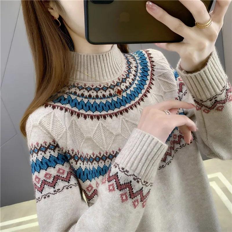 Свитер с высоким воротником, женский осенне-зимний комфорт и теплый принт внутри, повседневный универсальный эластичный пуловер, вязаный свитер, топы