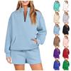 Женская мода с v-образным вырезом на молнии с длинным рукавом сплошной цвет толстовка шорты повседневный спортивный комплект