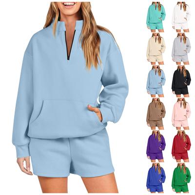 Женская мода с v-образным вырезом на молнии с длинным рукавом сплошной цвет толстовка шорты повседневный спортивный комплект