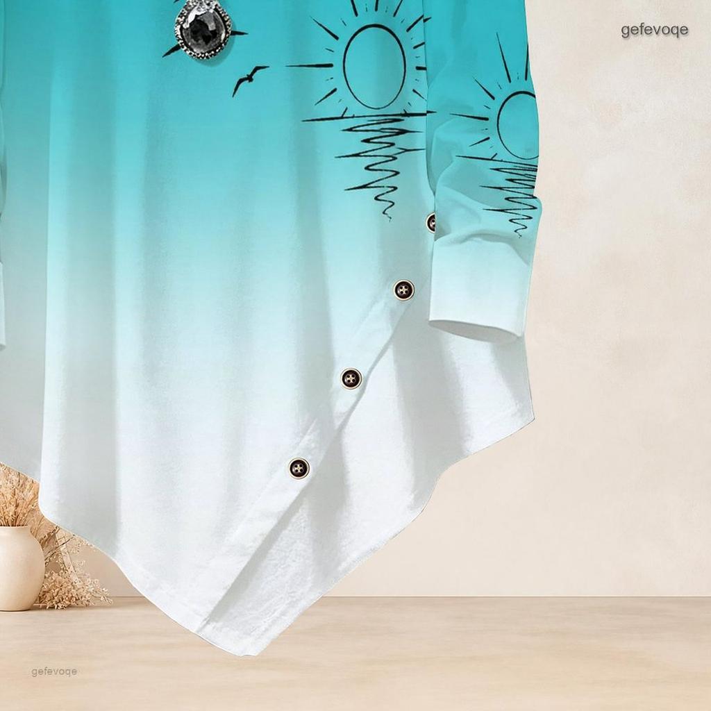 Women Plus Size Round Neck Long Sleeve T Shirt Palm Tree Print Turquoise White Gradient Asymmetric Hem Button Detail