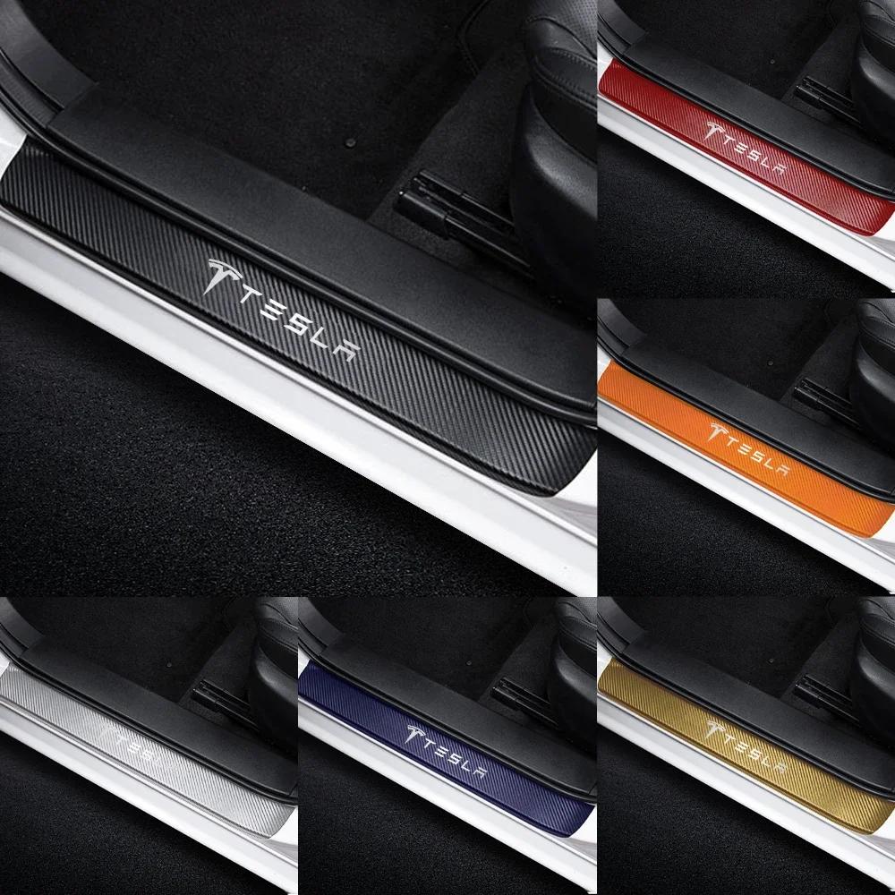 Car Sticker Tesla 4pcs Car Anti Scratch Scuff Carbon Fiber Door Threshold Stickers for Tesla Model 3 Model S X Model Y Roadster 