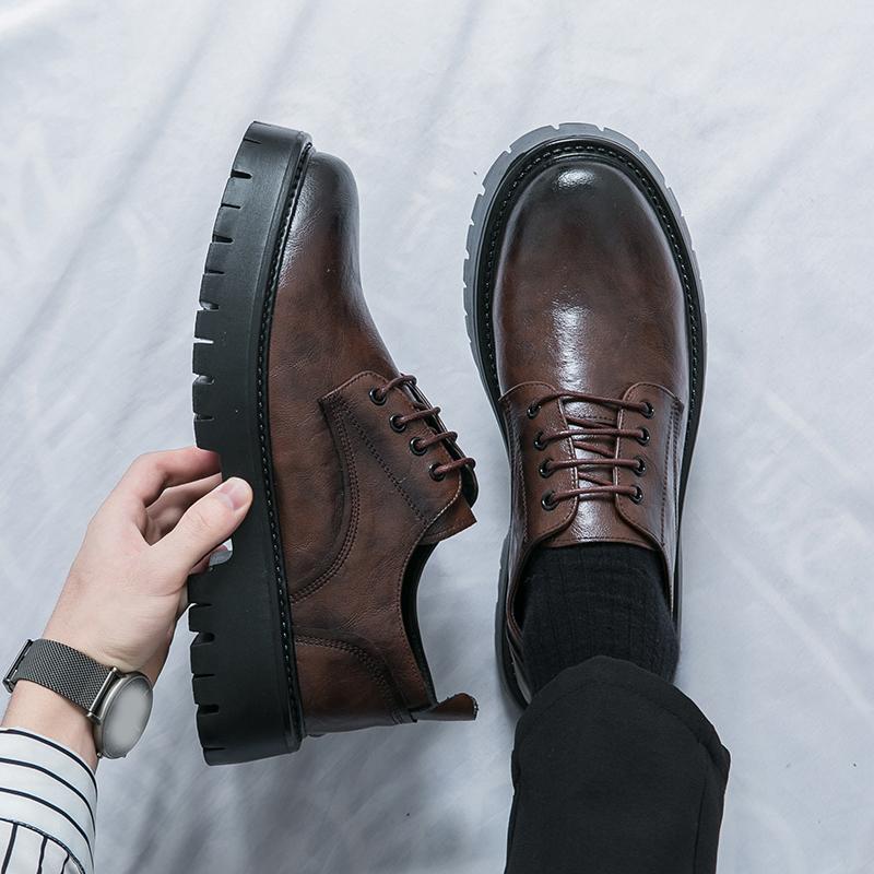 Модные новые толстые туфли с круглым носком в школьном стиле из кожи, мужские деловые туфли на шнуровке, модная обувь в корейском стиле