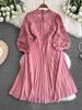 Pink Crochet Lace Hollow Out Embroidery Patchwork Pleated Dress New Summer Women O Neck Lantern Sleeve Slim Holiday Party Dress