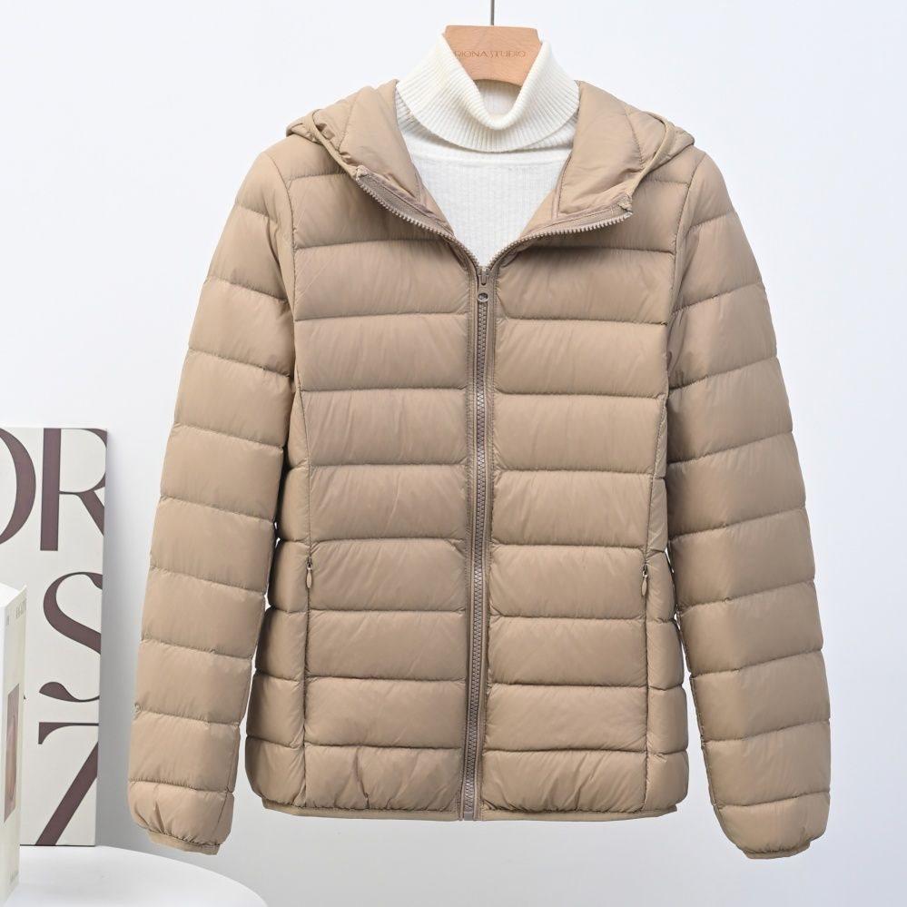 Down jacket women's European goods, light and fashionable hooded short, large size plus fat white duck down stand-up collar warm jacket