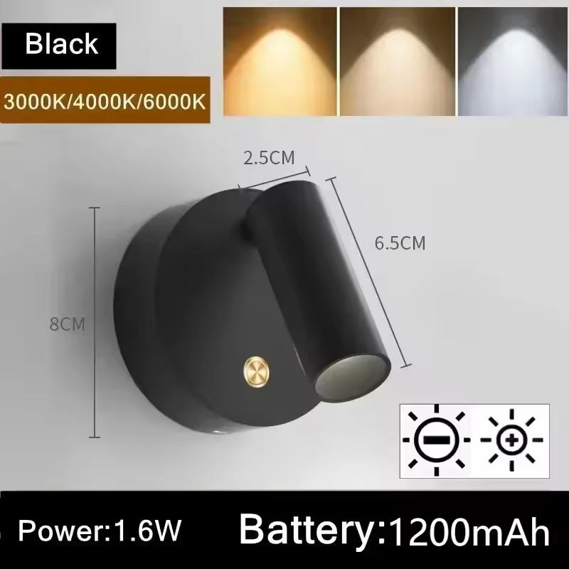 LED Bedroom Wall Light With Touch Switch USB Rechargeable Black White Magnet Magnetic Base Dimmable For Bedside Study Reading