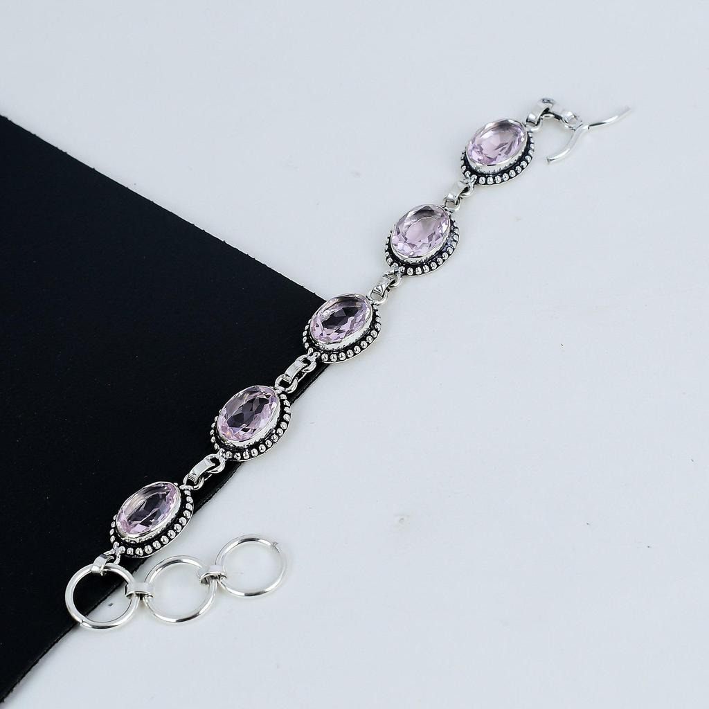 Красивый розовый кунцитовый драгоценный камень браслет ручной работы из стерлингового серебра 925 пробы, розовый кунцитовый браслет для жены, браслет унисекс на годовщину подарка