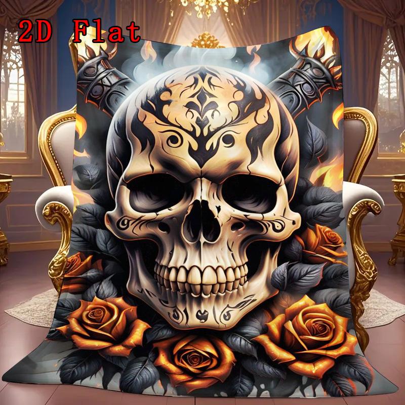 Skull with flame pattern 2D Flat Pattern Flannel Blanket High quality All Seasons Warmth and Comfort Perfect for Christmas Gifts.NMT0928366