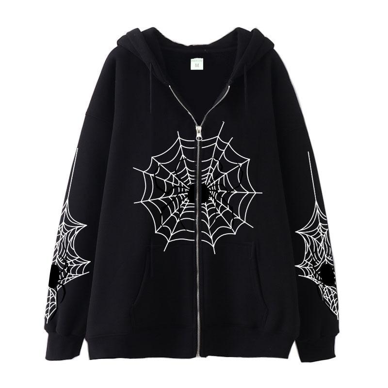 Spring and Autumn Women's Fashion Spider Web Printed Hooded Casual Jacket