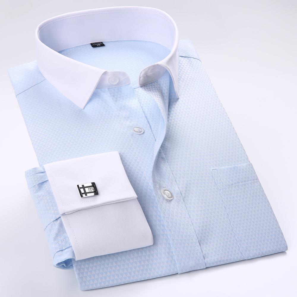 Men's Elegant French Cuff Spread Collar Striped Dress Shirt with Chest Pocket for Formal Business Wedding, Free Metal Cufflinks Included