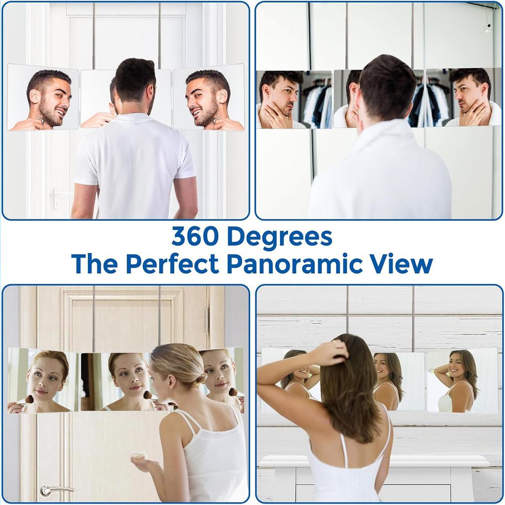 Trifold Shaving Mirror with Height Adjustable Telescoping Hooks for Self Hair Cutting Makeup Essential Fordable Portable White