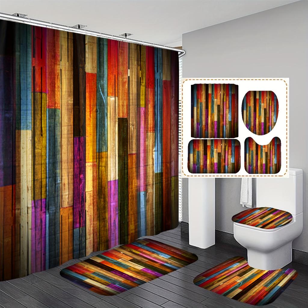 4 шт. Радужная занавеска для душа под дерево с 12 крючками Нескользящий коврик для ванной комнаты Полный набор декора для ванной комнаты с накладкой на крышку унитаза и ковриком U-образной формы