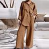 Women's Cotton and Hemp Set Solid Color Collar Shirt High Waist Wide Leg Pants Elegant Two Piece Set