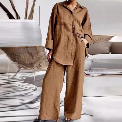 Женский комплект из хлопка и конопли, однотонная рубашка с воротником и высокой талией, широкие брюки, элегантный комплект из двух предметов