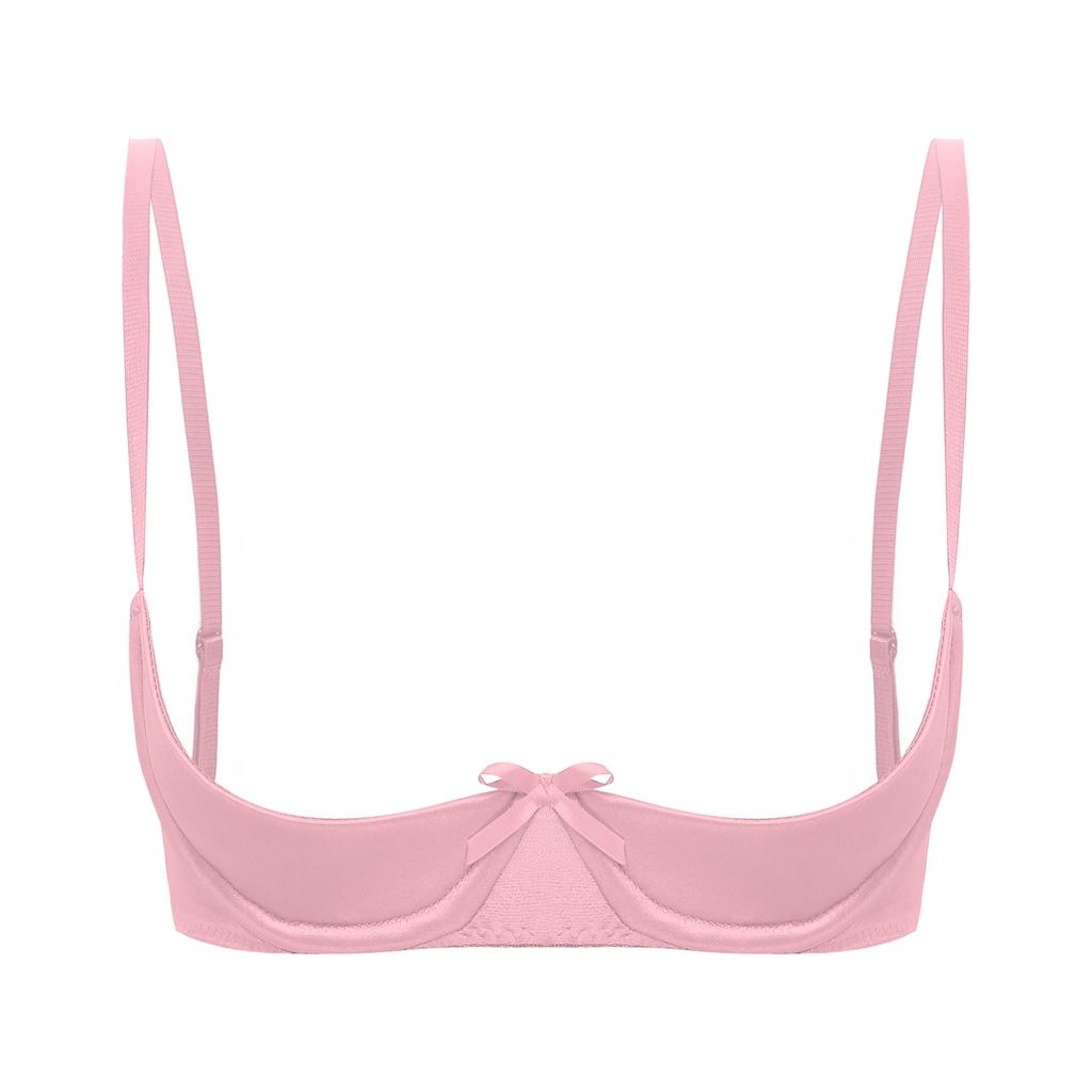 Women Sexy See Through Satin Half Cup Bralette Padded Underwire Shelf Bra Tops