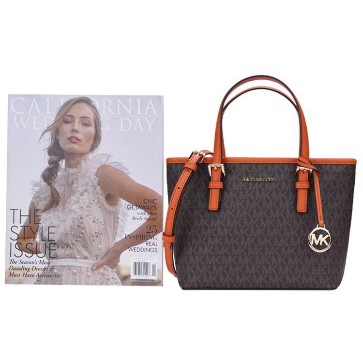 Michael Kors Mk Jet Set Монограмма Color Block Покрытие Холст Кожа Сумка-тоут Сумка для покупок На плечо Через плечо Сумка Мини 35T9GTVT0B-TANGERINE