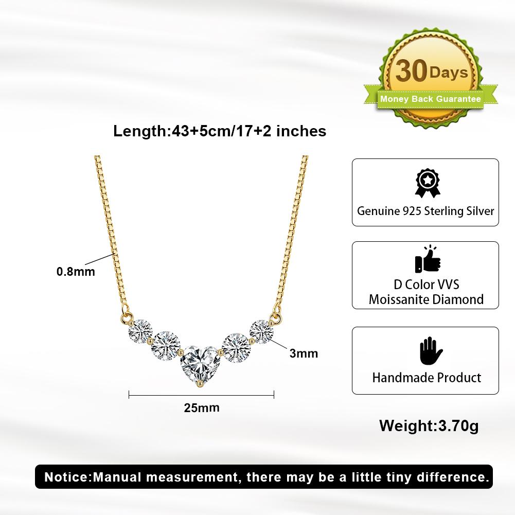 Source Jewelry Factory Anti-Tarnish Gold Plated S925 Silver Five Stone Heart Curve Moissanite Necklace for Romantic Fine Jewelry