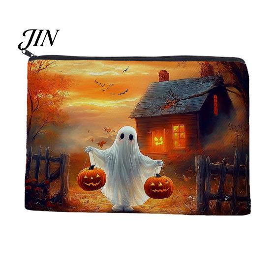 Portable Zippered Pouch Halloween Storage Bag, with Pumpkin Ghost Pattern Design, Thickened Wear Resistant Canvas Bag Cosmetic Organizer, for